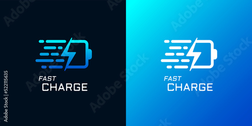 Fast electric charging logo. Battery with lightning quick electrical power charger brand identity symbol. Speed electricity charge linear logotype. Express energy recharge company vector blue insignia photo