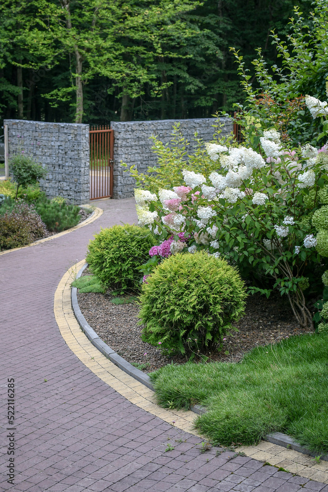Obraz premium Close up fragment of the garden with lot of decorative green plants, bushes and flowers, and paved lane leading to the house entrance gates. Selective focus.