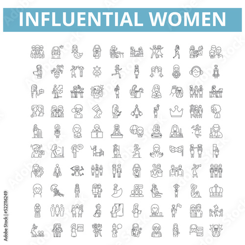 Influential women icons, line symbols, web signs, vector set, isolated illustration