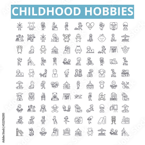 Childhood hobbies icons, line symbols, web signs, vector set, isolated illustration