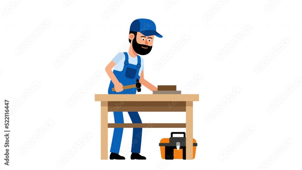 Carpenter hammers a nail on workbench. Cartoon worker at work. looped animation Carpenter hammers a nail on workbench. Cartoon worker at work. looped animation