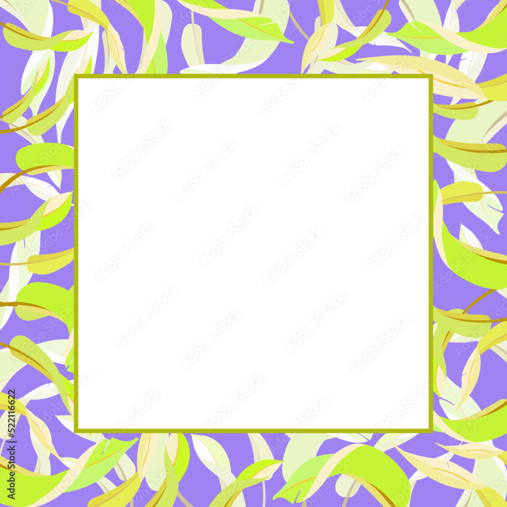 Vector bright square frame with banana leaves on pink background.