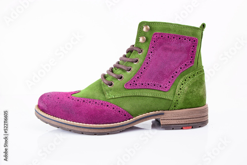 Male pink and green leather boot on white background, isolated product.