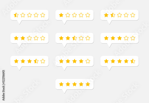 Star rating icons on gray background. One to five star halfling feedback, review, rate us symbols. One to five full and half full stars.