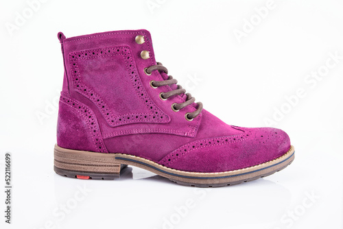 Male purple leather boot on white background, isolated product. Differentiated footwear and exclusive design.