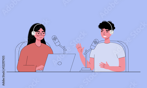 Live streaming, podcast vector flat Illustration. Two people in headphones talking in studio. Man and woman recording podcast.