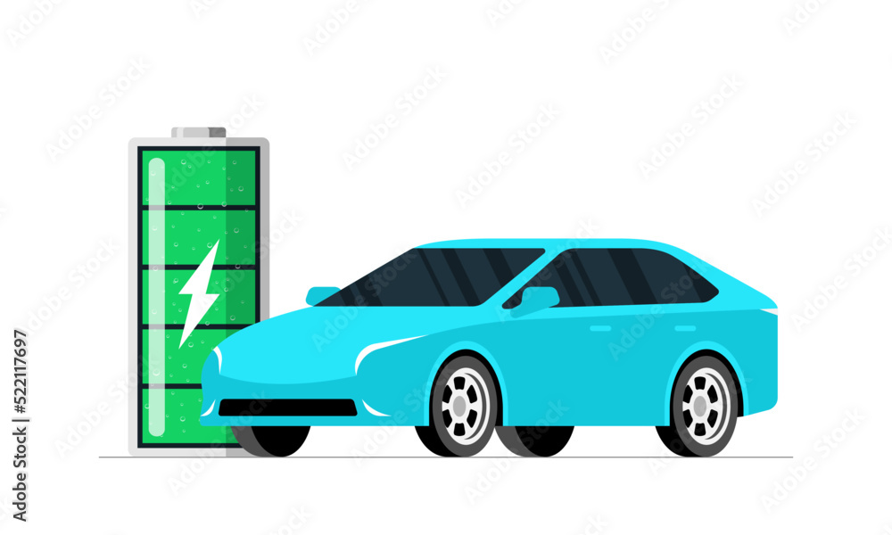 Naklejka premium Electric car charger station concept. Smart electrical blue vehicle charging with green battery. Electrified modern ev transport power charge. Eco transportation energy recharge. Vector illustration