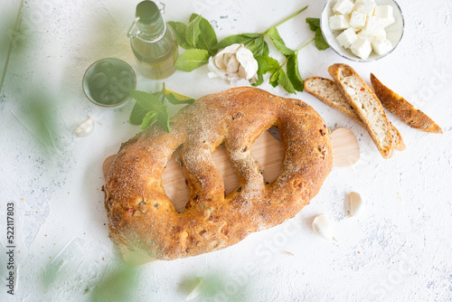 Mediterranean Bread with olives, oil for BBQ isolated. High quality photo photo