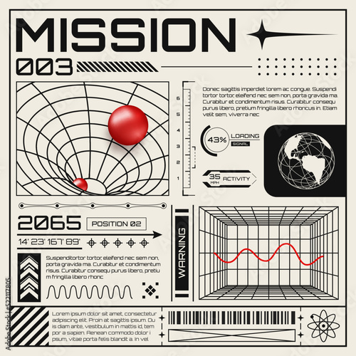 Abstract banner with wireframe 3D figures. Posters with HUD elements, perspective grid, futuristic design elements, chart and black hole. Retro cyberpunk style