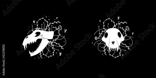 zodiac Leo signs halloween skull bones objects icons stars graphics black and white print