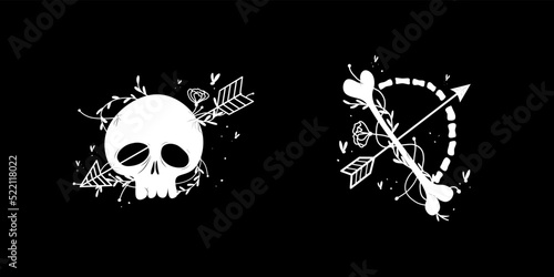 zodiac Sagittarius signs halloween skull bones objects icons stars graphics black and white print