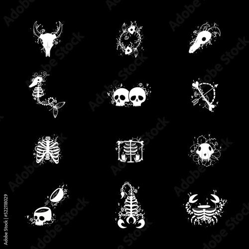 Collection zodiac signs halloween skull bones objects icons stars graphics black and white print