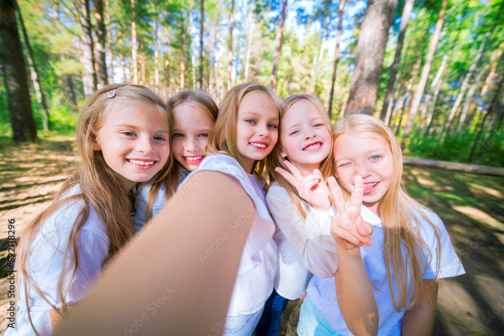 A group of five girls make selfie on the background of trees in the summer forest. Bright sunny day. Girlfriends