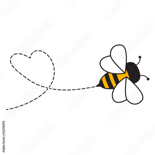 Cartoon bee flying dotted lines on a heart.Lovely bee character.Isolated on white background. Vector flat illustration.
