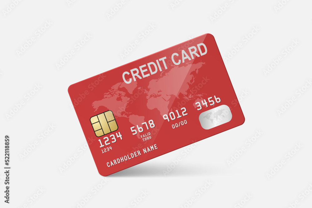 Vector 3d Realistic Red Credit Card on White Background. Design Template of Plastic Credit or Debit Card. Credit Card Payment Concept. Front View Vector 3d Realistic Red Credit Card on White Background. Design Template of Plastic Credit or Debit Card. Credit Card Payment Concept. Front View