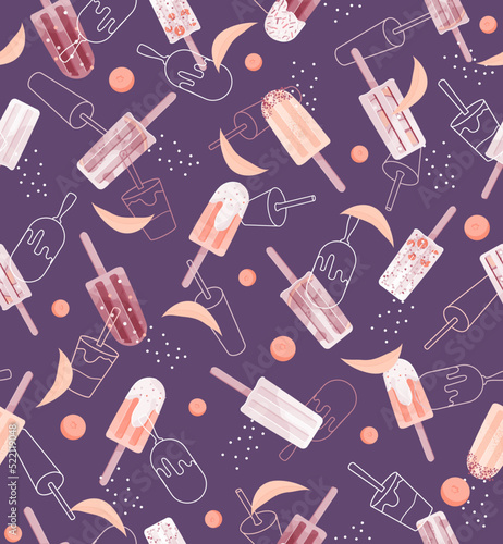 Ice cream bar popsicle seamless pattern on purple background. Summer dessert with white line illustration for web, site, advertising, banner, poster, board and print