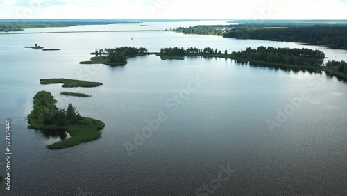 Top view of the Vileyskoye reservoir in Belarus. Lake Vileika at sunset photo