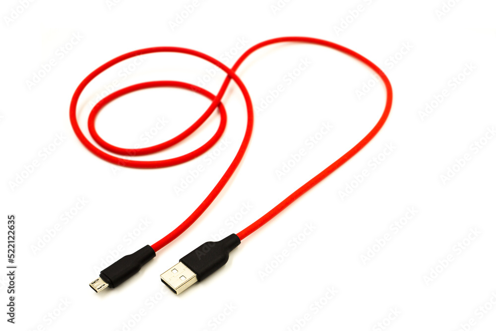 Red USB cable for smartphone isolated on white background. Red USB cable for smartphone isolated on white background.