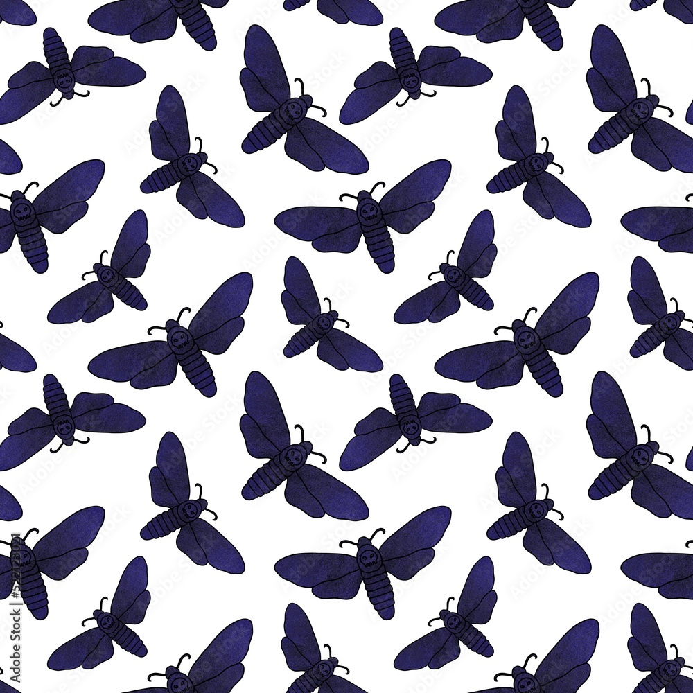 Fototapeta premium Halloween butterfly seamless moth with sculls pattern for clothes print and fabrics and wrapping and kids