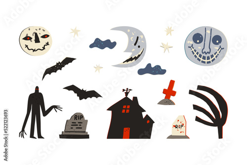 Halloween exterior clipart. Spooky monster, graves, empty ghost house, crescent moon characters with creepy smiles, bats