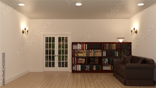 テレビ会議背景用 ZOOM会議背景用 CG 白い壁の部屋 白い部屋 夕方 日没 ソファ 書斎 書棚 本棚 蔵書 video conferencing for using in video conference and as a zoom background.