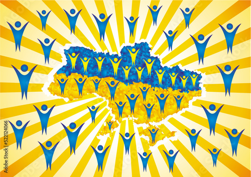 Map of Ukraine against the background of diverging rays. Figures of people with raised hands fill the entire sheet. Vector graphics.