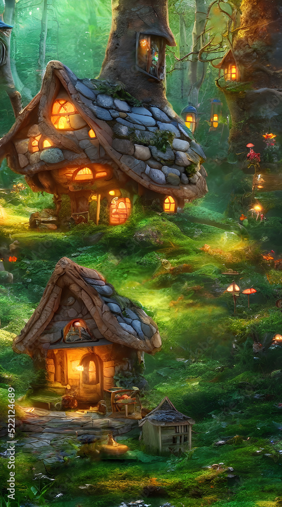 Fototapeta premium Fantasy little tree cottages in magic forest