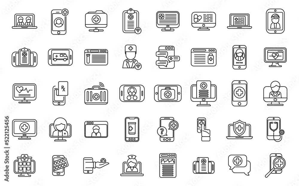 Online medical consultation icons set outline vector. Medical doctor