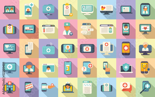 Online medical consultation icons set flat vector. Medical doctor