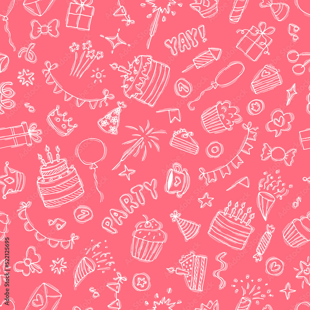 Hand drawn Birthday seamless pattern. Cute background. Party theme. Happy Birthday