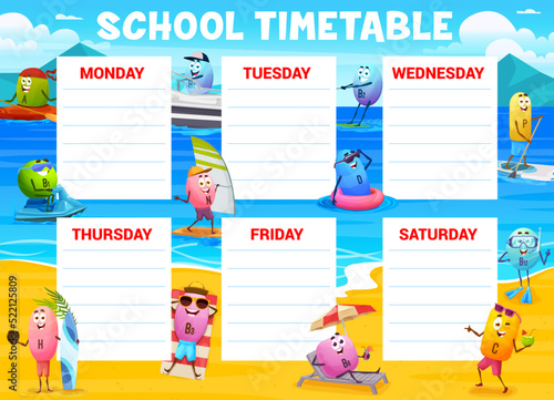 Timetable schedule. Cartoon vitamins on summer beach vacation. Lessons vector planner weekly calendar or schedule with vitamins characters swimming, diving and surfing on the sea