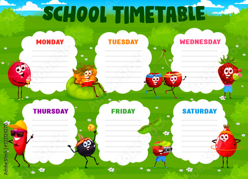 Education timetable. Cartoon berry characters relaxing on green meadow. School classes daily schedule or vector week planner with cowberry, rosehip and blackcurrant, raspberry, cherry and strawberry