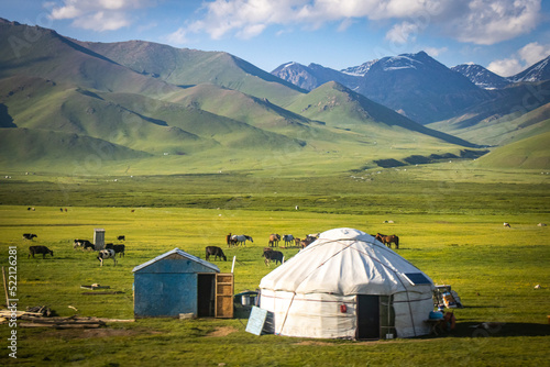yurt camp in suussamyr valley in kyrgyzstan  mountain landscape  central asia  green valley  pasture