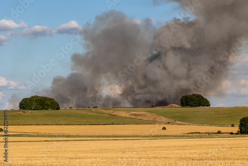 Crop fire behind ancient tree copses. Marlborough Downs, Wiltshire.