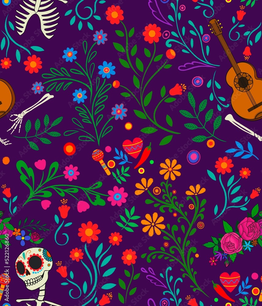 Obraz premium Dia de los muertos seamless pattern. The main symbols of the holiday on the dark violet background. Day of the dead.