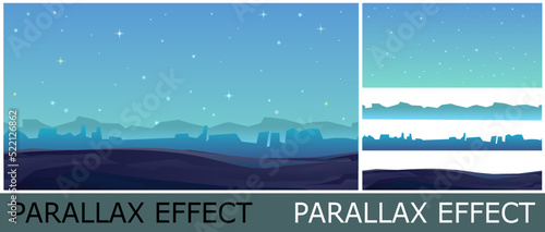 Rocks cliffs landscape. Morning soon. Night scenery in mountains. Image from layers for overlay with parallax effect. Cartoon flat style. Starry sky. Dark twilight and dusk. Vector.
