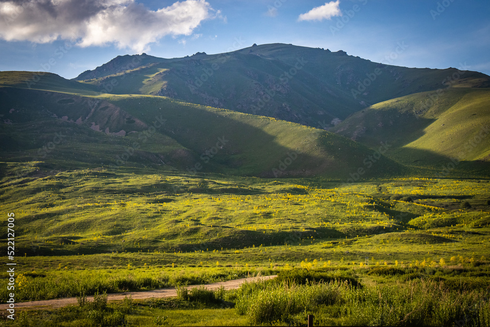 suussamyr valley in kyrgyzstan, mountain landscape, central asia, green valley, pasture