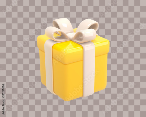 3D yellow gift box with ribbon bow isolated on transparent background. 3d render of a figurine of modern holiday surprise box. Vector illustration