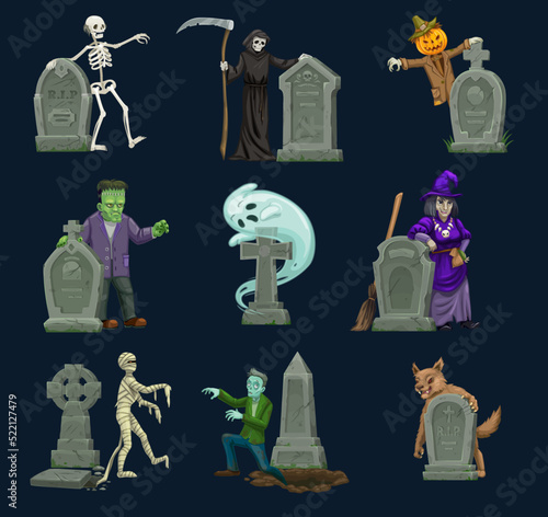 Halloween cartoon eerie characters around graves and gravestones. Vector horror ghost, witch and skeleton, Halloween pumpkin jack-o-lantern, zombie, mummy, death and werewolf, monsters on cemetery