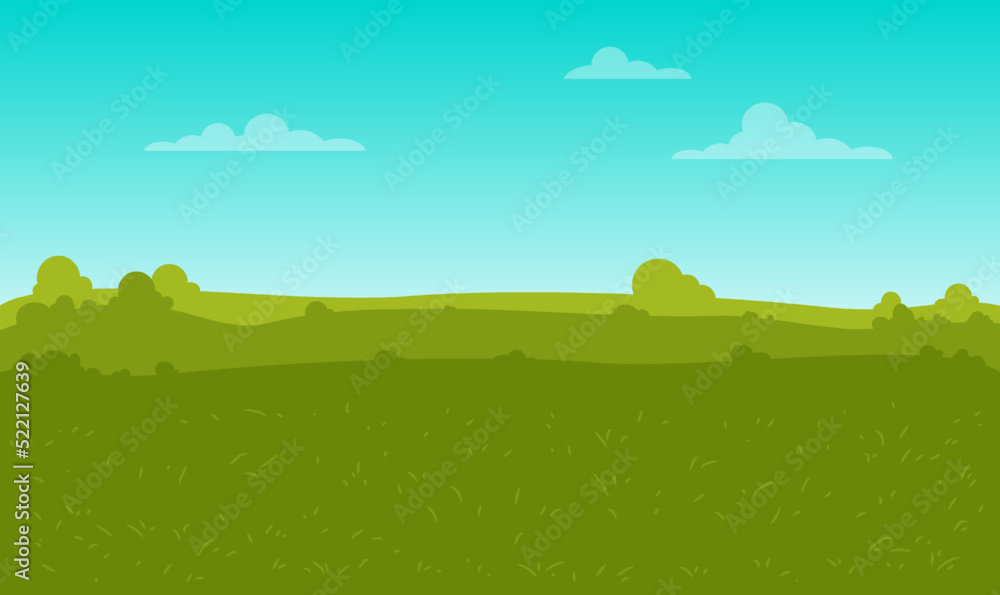 Cartoon nature landscape with sky, clouds and green grass, bush. Vector background. Gift card. Cartoon nature landscape with sky, clouds and green grass, bush. Vector background. Gift card.
