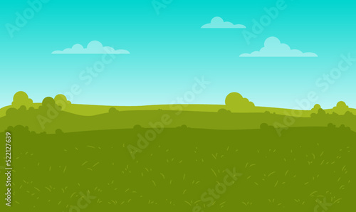 Cartoon nature landscape with sky  clouds and green grass  bush. Vector background. Gift card.