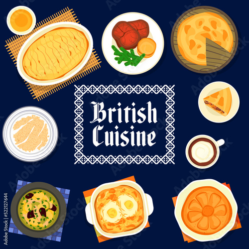 British food menu, English cuisine dishes and restaurant meals, vector cover. English breakfast porridge, Irish coffee and Yorkshire pudding, European traditional cuisine and kitchen meals