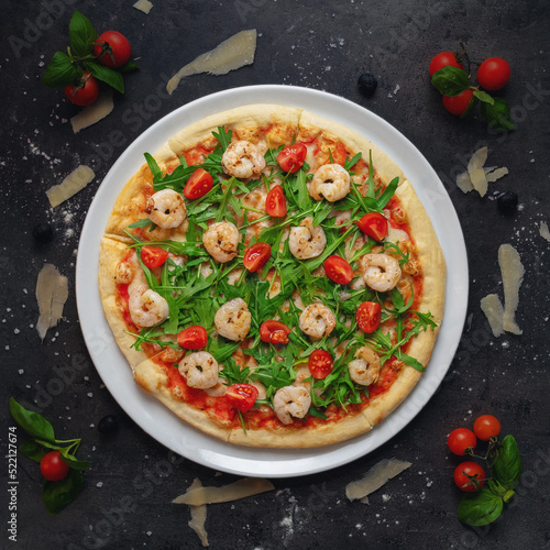 Traditional Italian Pizza with Shrimp And Arugula , Top Down Shoot, Appetizing Background