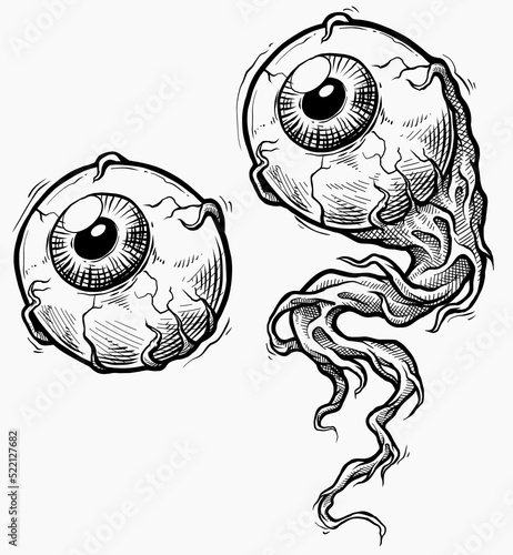 Graphic detailed hand drawn human eyes with nerve. Isolated on white background. Tattoo outline. Vector icon.
