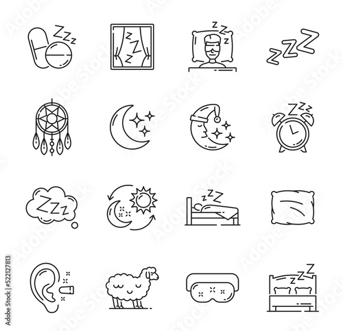 Sleep icons, night dreams and bedtime items, bed pillow, moon and bedroom vector symbols. Sleep snooze zzz linear icon with cartoon sheep, sleeping mask and ear plug, alarm clock and dream catcher