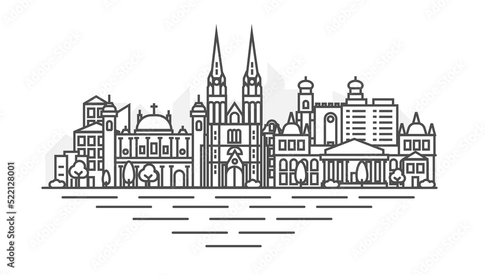 Zagreb, Croatia architecture line skyline illustration. Linear vector Kiev cityscape with famous landmarks, city sights, design icons. Landscape with editable strokes.