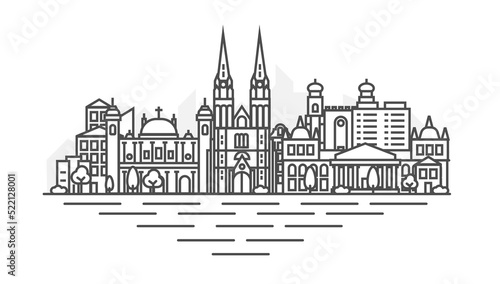 Zagreb, Croatia architecture line skyline illustration. Linear vector Kiev cityscape with famous landmarks, city sights, design icons. Landscape with editable strokes.