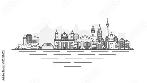 Vilnius, Lithuania architecture line skyline illustration. Linear vector Kiev cityscape with famous landmarks, city sights, design icons. Landscape with editable strokes.