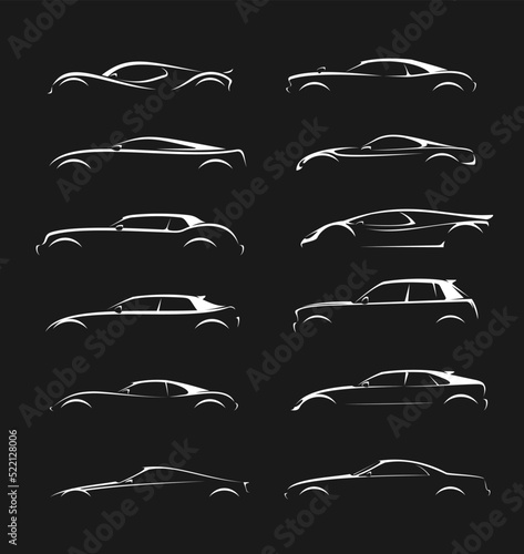 Futuristic car silhouettes, supercar vehicle or future automobile vector icons. Supercar or sportcar and futuristic car symbols of automotive technology transport or car racing
