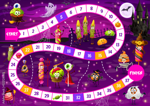 Kids step board game. Cartoon Halloween candy characters vector boardgame, children puzzle worksheet with path or way of Halloween map. Trick or treat sweets, horror pumpkin, ghost, bat and moon